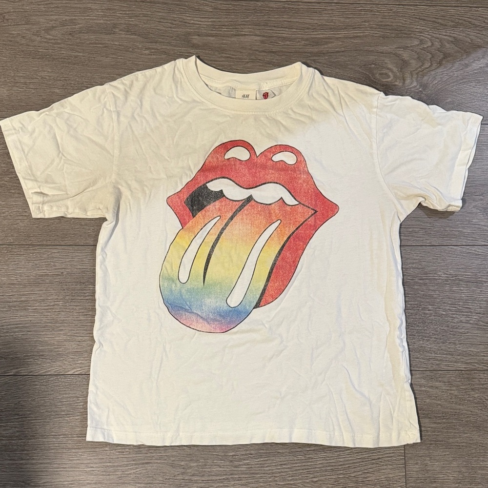H&M White Tee with Rainbow Tongue Graphic | Small